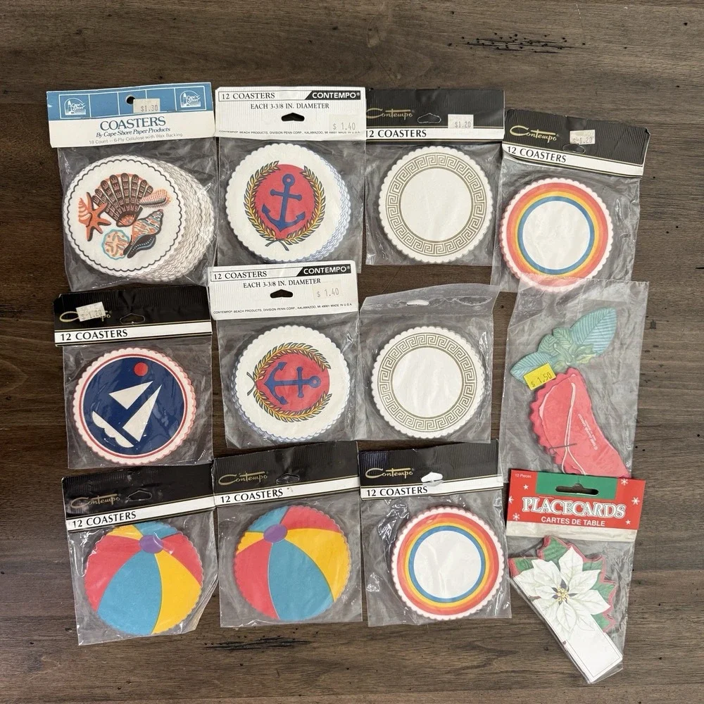 Vtg Cocktail Picks & Coasters Sailboat Nautical Seashells MCM Candles Lot Of 40